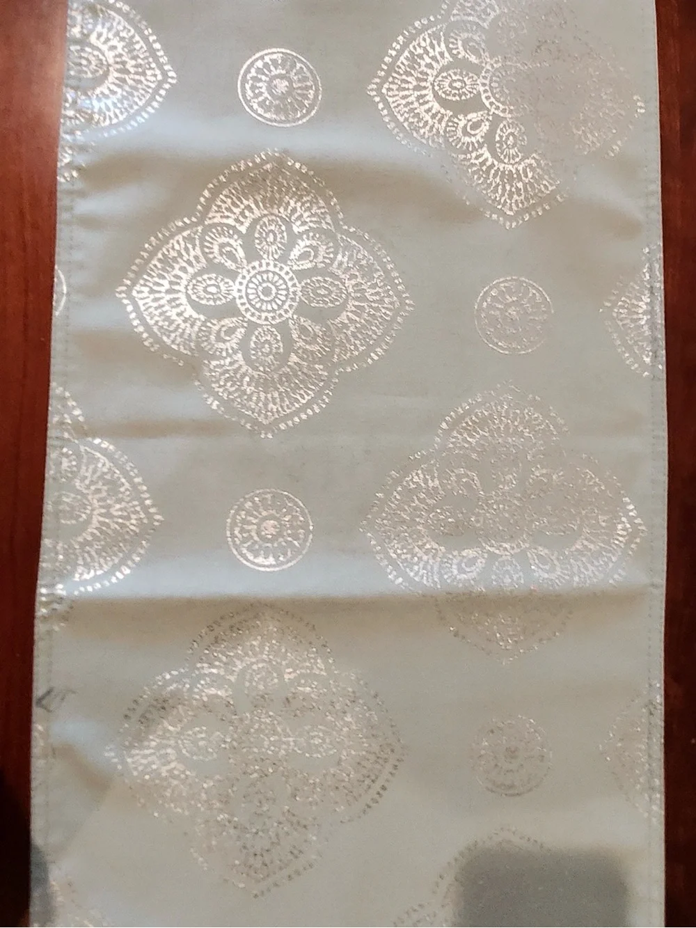 Elegant Soft Green 70” Table Runner with Silver Medallions & 5.5” Tassels
